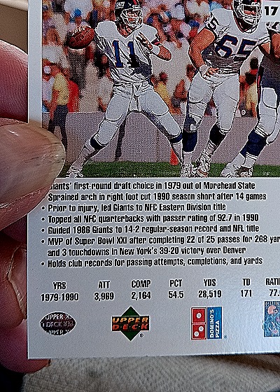 1991 Upper Deck Domino's The Quarterbacks #17 Phil Simms — back