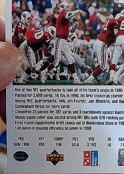 1991 Upper Deck Domino's Pizza Quarterback Challenge #20 Timm Rosenbach — back