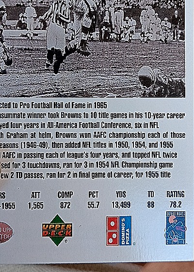 1991 Upper Deck Domino's Pizza Quarterback Challenge #36 Otto Graham — back