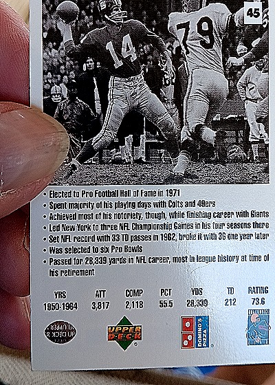 1991 Upper Deck Domino's Pizza Quarterback Challenge #45 Y.A. Tittle — back