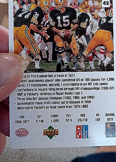 1991 Upper Deck Domino's Pizza Quarterback Challenge #42 Bart Starr — back