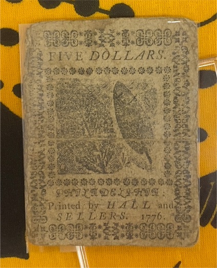 1776 Colonial Currency Five Dollars Philadelphia Printed by Hall and Sellers — front