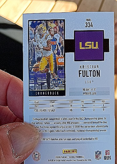2020 Panini Score #334 Kristian Fulton — back