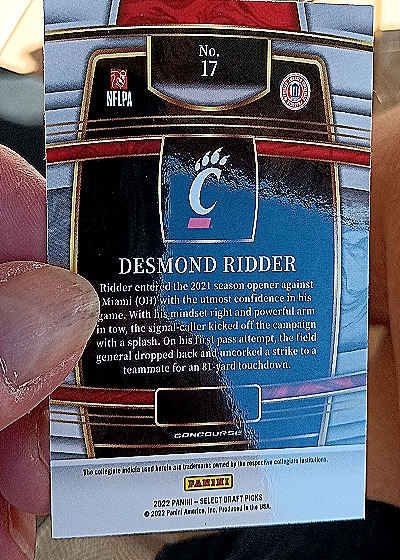2022 Panini Select Draft Picks #17 Desmond Ridder — back