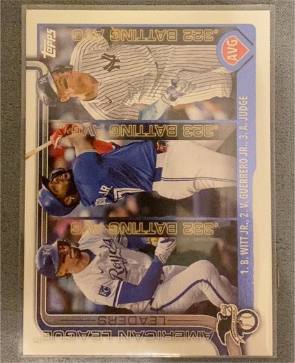 2025 Topps Series 1 #345 American League Batting Average Leaders Bobby Witt Jr./Vladimir Guerrero Jr./Aaron Judge — front