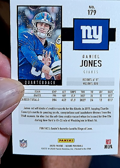 2020 Panini Score #179 Daniel Jones — back