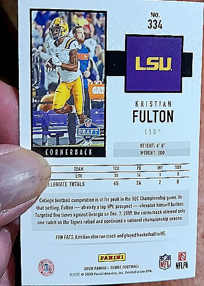 2020 Panini Score Football #334 Kristian Fulton — back