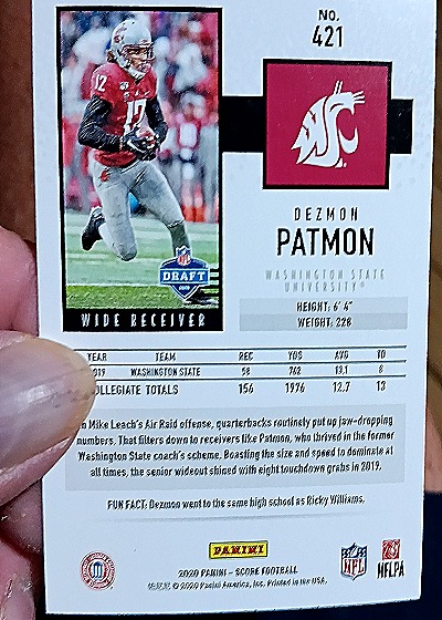 2020 Panini Score #421 Dezmon Patmon — back