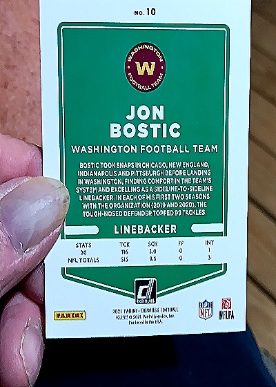 2021 Donruss #10 Jon Bostic Washington Football Team — back