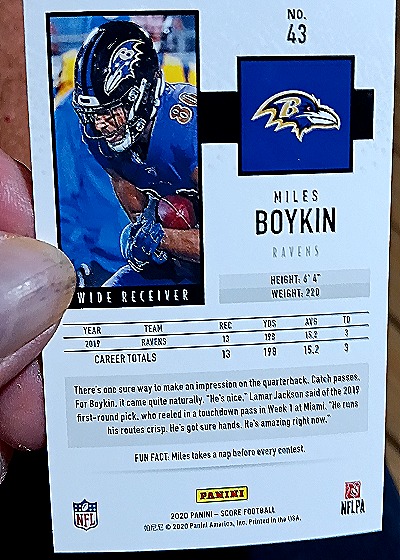 2020 Panini Score #43 Miles Boykin — back