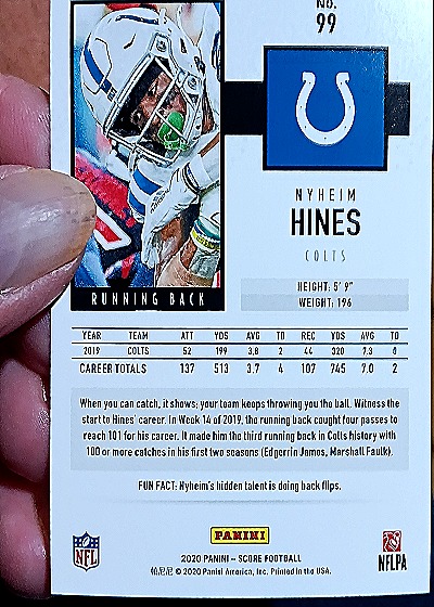 2020 Panini Score #99 Nyheim Hines — back