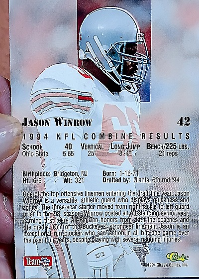 1994 Classic NFL Draft #42 Jason Winrow — back