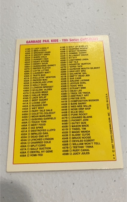 1987 Topps Garbage Pail Kids 11th Series #C11 Garbage Mouth Gilbert Checklist — front