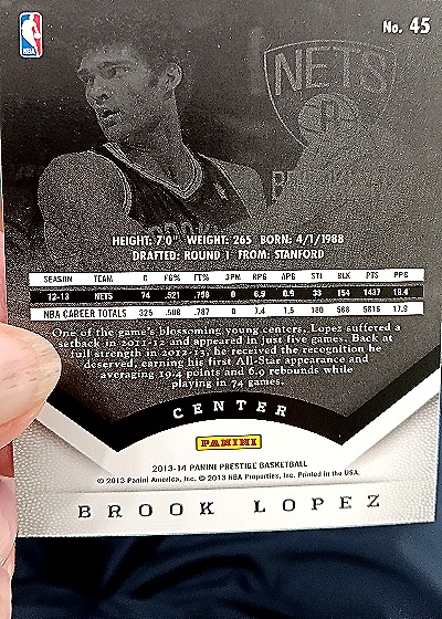 2013-14 Panini Prestige #45 Brook Lopez — back