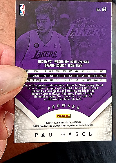 2013-14 Panini Prestige #64 Pau Gasol — back
