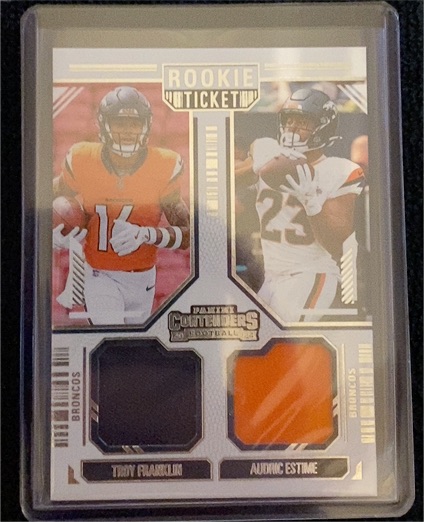 2024 Panini Contenders #DS-9 Troy Franklin Audric Estime Rookie Ticket Dual Patch RC — front