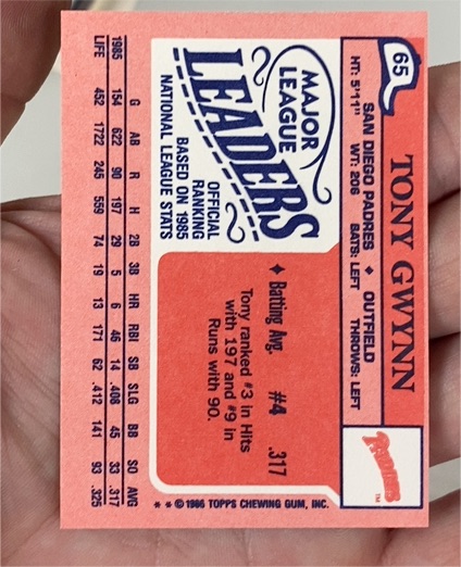 1986 Topps Mini League Leaders #65 Tony Gwynn — front