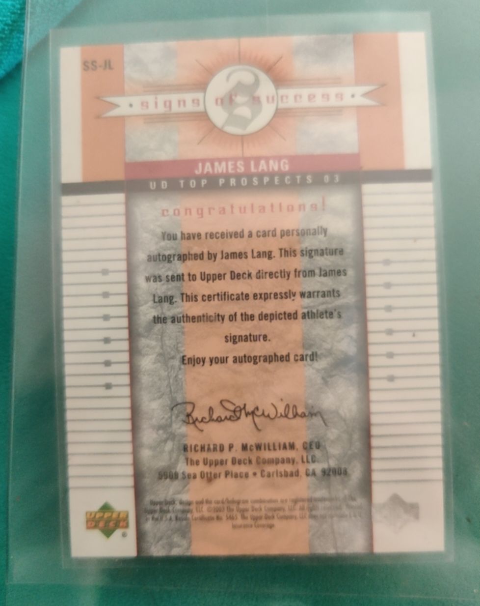 2003 Upper Deck Top Prospects SS-JL James Lang — front