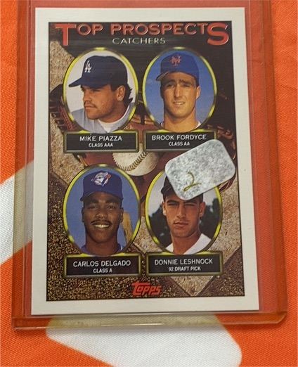 1993 Topps #701 Top Prospects Mike Piazza, Brook Fordyce, Carlos Delgado, Donnie Leshnock — front