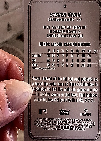 2022 Bowman Platinum #66 Steven Kwan — back