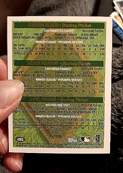 1997 Topps #493 Darrin Blood / Heath Murray / Carl Pavano — back