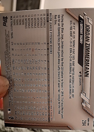 2020 Topps #294 Jordan Zimmermann — back