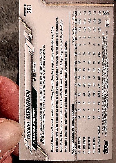 2020 Topps #261 Daniel Mengden Oakland Athletics — back