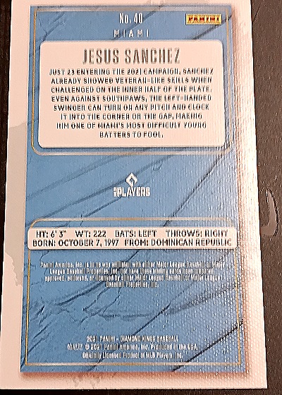 2021 Panini Diamond Kings #49 Jesus Sanchez — back