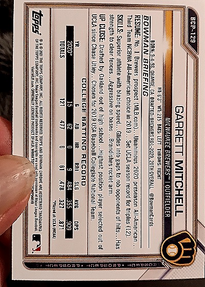 2021 Bowman Chrome #BCP-129 Garrett Mitchell — back