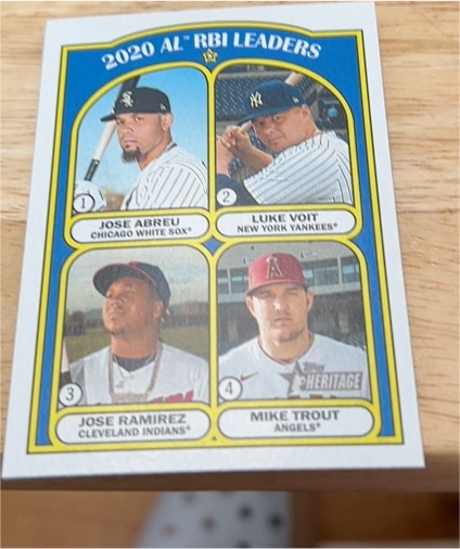 2021 Topps Heritage #88 2020 AL RBI Leaders Mike Trout Jose Abreu Luke Voit Jose Ramirez — front
