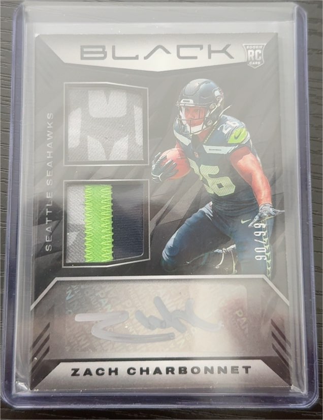 2023 Panini Black #41 Zach Charbonnet Rookie Signature Materials Dual Patch Auto — front