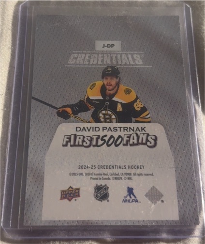 2024-25 Upper Deck Credentials Hockey #J-DP David Pastrnak First 500 Fans — front