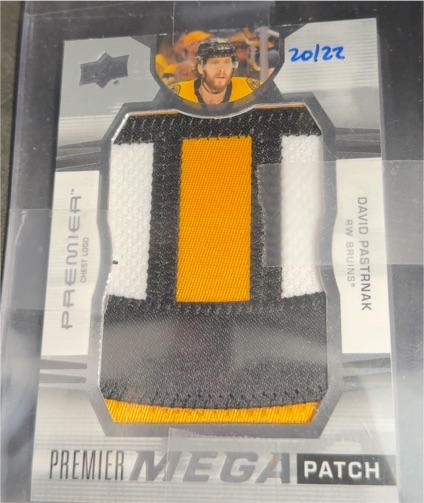 2019-20 Upper Deck Premier #22 David Pastrnak Mega Patch Chest Logos Jersey — front