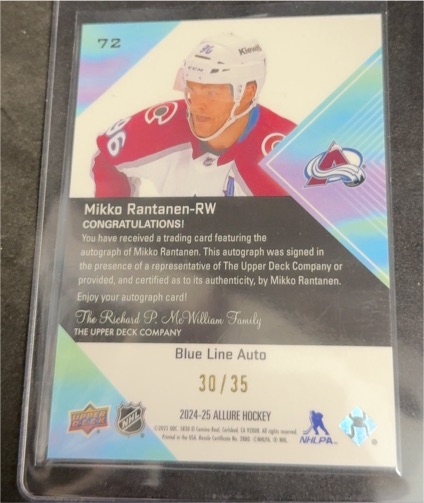 2024-25 Upper Deck Allure #72 Mikko Rantanen Blue Line Auto — front