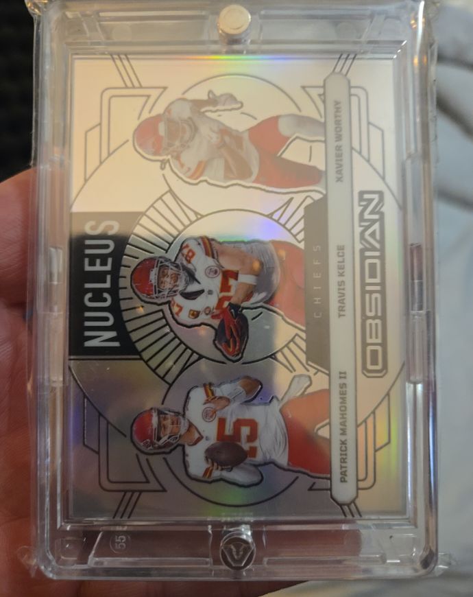 2024 Panini Obsidian #55 Patrick Mahomes II Travis Kelce Xavier Worthy Nucleus Silver — front
