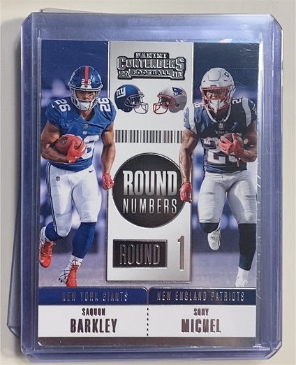 2018 Panini Contenders Round Numbers #RNA-BM Saquon Barkley / Sony Michel — front