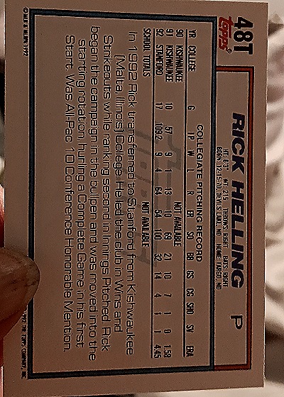1992 Topps Traded #48T Rick Helling — back