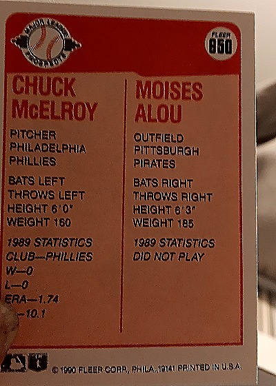 1990 Fleer #650 Chuck McElroy / Moises Alou — back