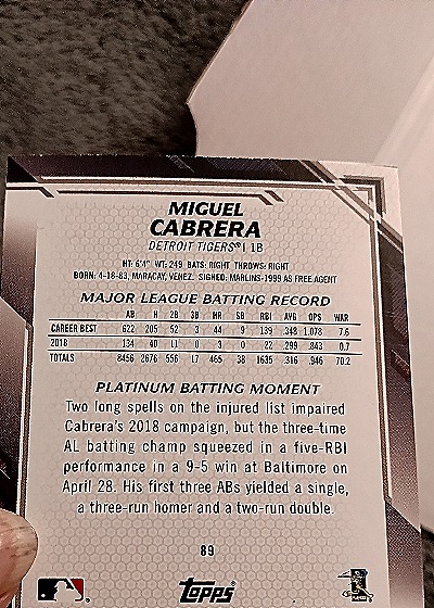 2019 Bowman Platinum #89 Miguel Cabrera — back