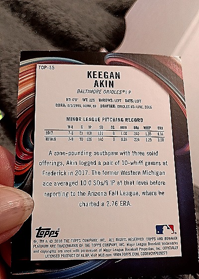 2018 Bowman Platinum #TOP-55 Keegan Akin — back