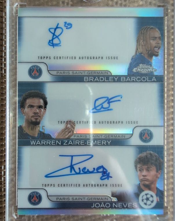 2024-25 Topps Chrome UCC #PSG Bradley Barcola Warren Zaire-Emery Joao Neves Triple Auto — front