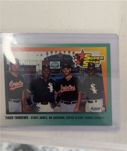 1992 Fleer #701 Tiger Tandems Frank Thomas, Bo Jackson, Gregg Olson, Stacy Jones — front