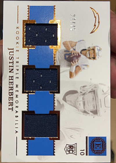 2020 Panini National Treasures #10 Justin Herbert Rookie Patch Relic — front