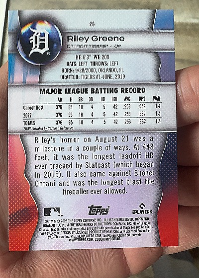 2023 Bowman Platinum #26 Riley Greene — back