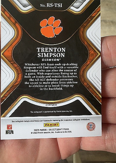 2023 Panini Select Draft Picks #RS-TSI Trenton Simpson — back