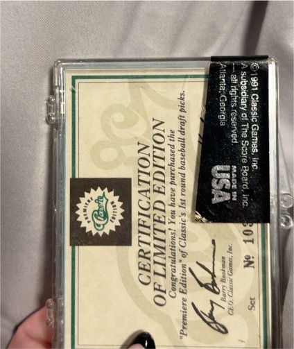 1991 Classic Draft Picks Certification of Limited Edition — front