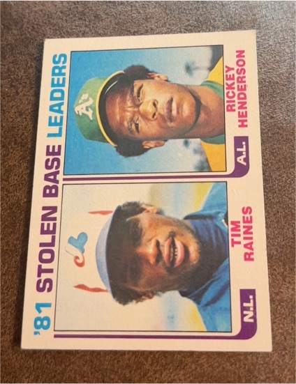 1982 Topps #164 Stolen Base Leaders Rickey Henderson, Tim Raines — front