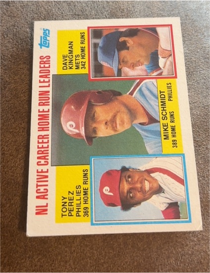 1984 Topps #703 NL Active Career Home Run Leaders Mike Schmidt / Tony Perez / Dave Kingman — front