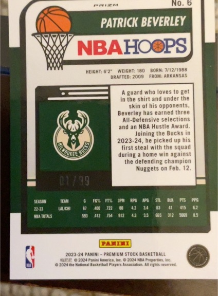 2023-24 Panini NBA Hoops Premium Stock #6 Patrick Beverley — front
