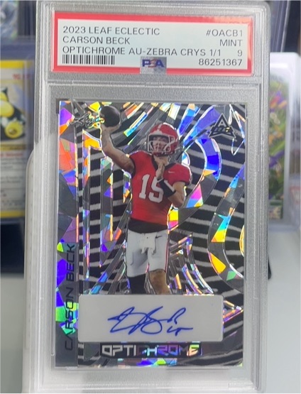 2023 Leaf Eclectic #OACB1 Carson Beck Optichrome AU-Zebra CRYS 1/1 — front